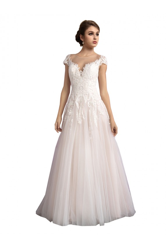 Ivoire & Champagne Trapèze Illusion Traîne cathédrale Tulle Dentelle Plage Robes de mariée Pas Cher