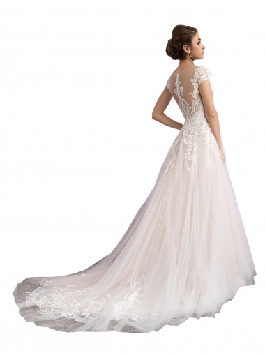Ivoire & Champagne Trapèze Illusion Traîne cathédrale Tulle Dentelle Plage Robes de mariée