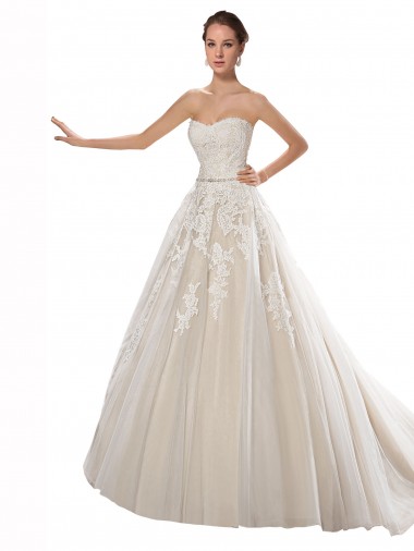 Ivoire & Champagne Trapèze Sans bretelle Tulle Dentelle Robes de mariée Pas Cher
