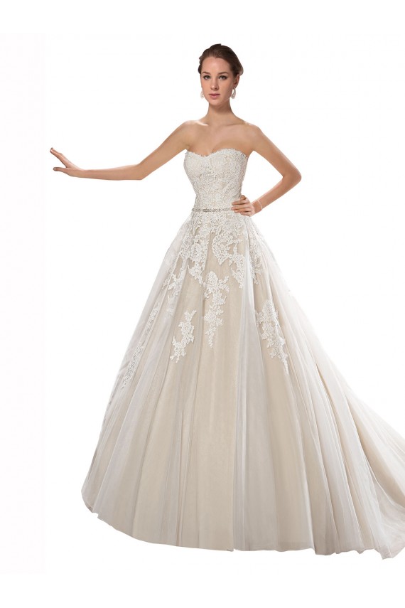 Ivoire & Champagne Trapèze Sans bretelle Tulle Dentelle Robes de mariée Pas Cher