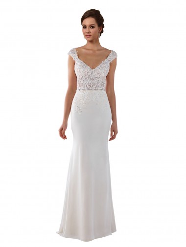 Ivoire Fourreau Col V Dentelle Crêpe Stretch Robes de mariée Pas Cher