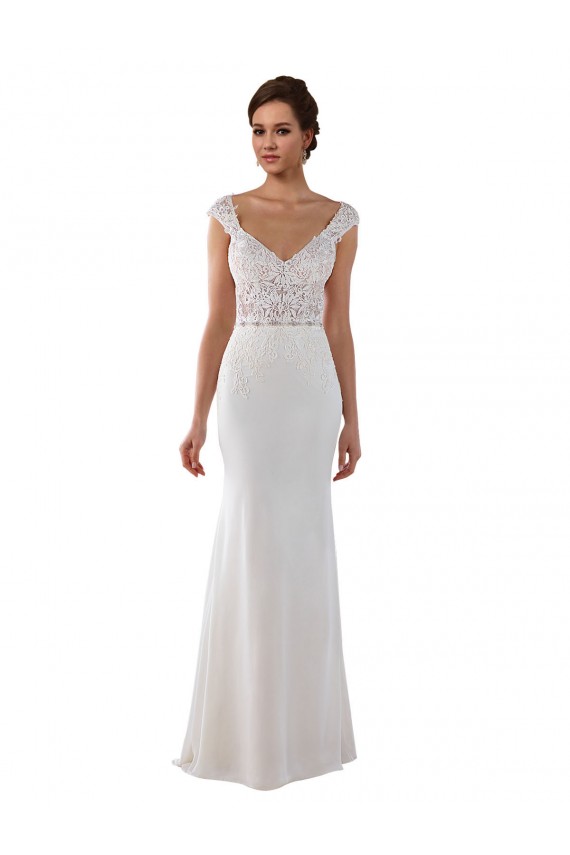 Ivoire Fourreau Col V Dentelle Crêpe Stretch Robes de mariée Pas Cher
