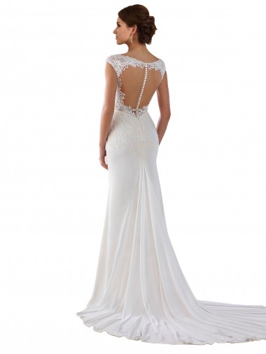 Ivoire Fourreau Col V Dentelle Crêpe Stretch Robes de mariée