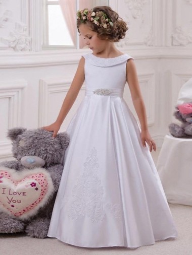 Ivoire Princesse Bateau Satiné Dentelle Longue Robes de demoiselle d'honneur - fillette Pas Cher