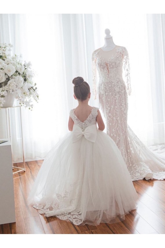 Ivoire Princesse Bateau Tulle Dentelle Longue Robes de demoiselle d'honneur - fillette Pas Cher
