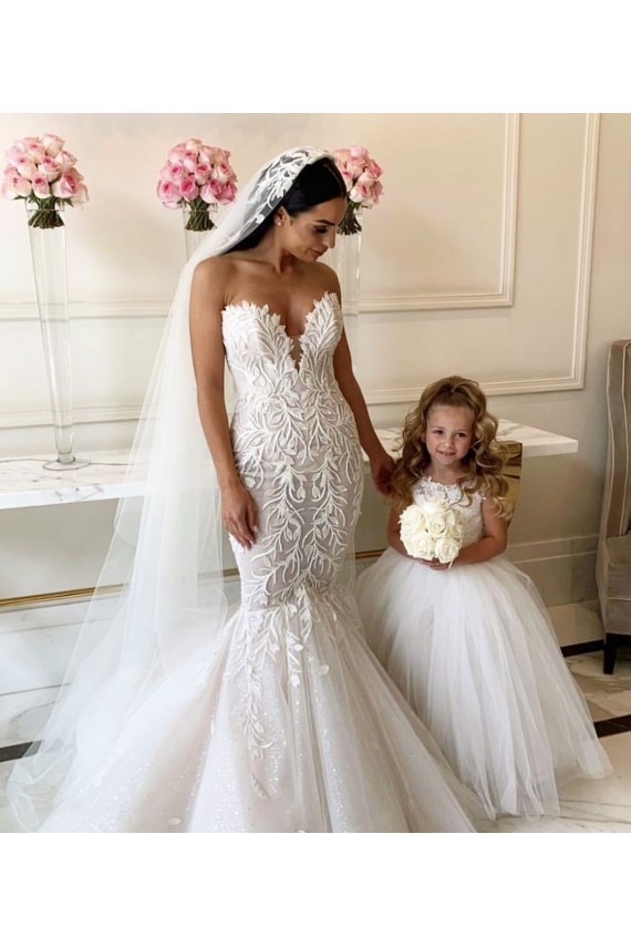 Ivoire Princesse Bateau Tulle Dentelle Longue Robes de demoiselle d'honneur - fillette Pas Cher