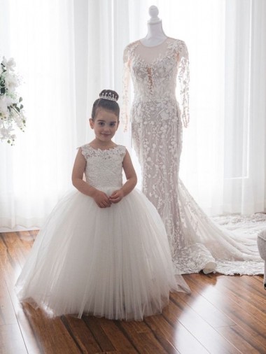 Ivoire Princesse Bateau Tulle Dentelle Longue Robes de demoiselle d'honneur - fillette