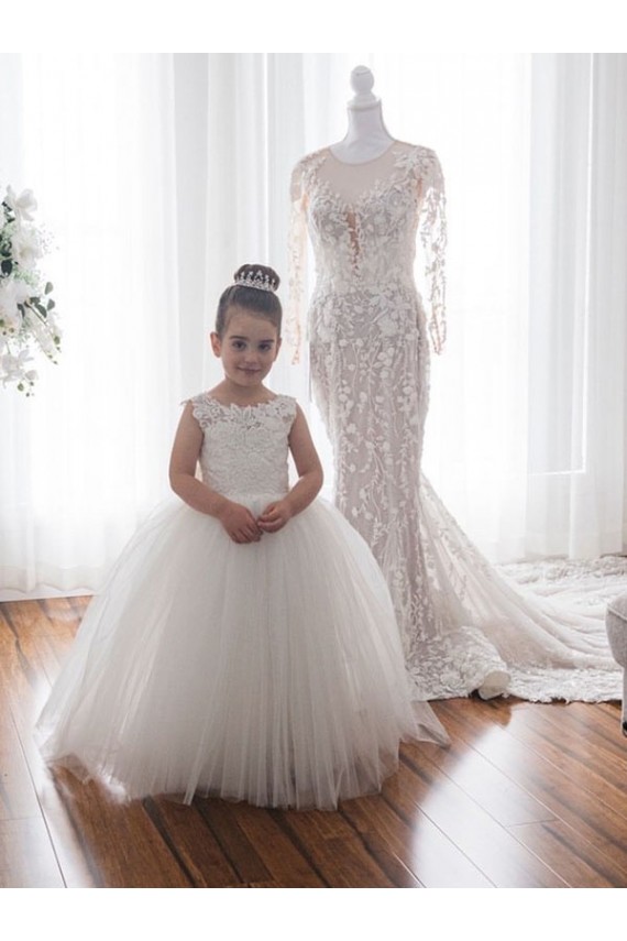 Ivoire Princesse Bateau Tulle Dentelle Longue Robes de demoiselle d'honneur - fillette Pas Cher