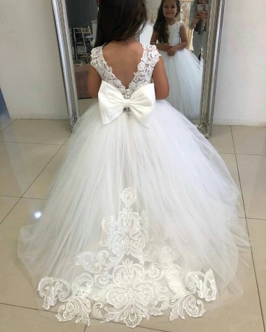 Ivoire Princesse Bateau Tulle Dentelle Longue Robes de demoiselle d'honneur - fillette Pas Cher