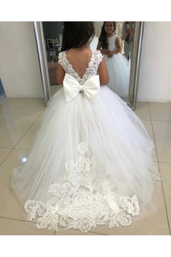 Ivoire Princesse Bateau Tulle Dentelle Longue Robes de demoiselle d'honneur - fillette Pas Cher