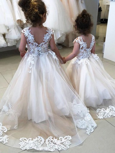 Ivoire Princesse Bateau Tulle Dentelle Longue Robes de demoiselle d'honneur - fillette Pas Cher
