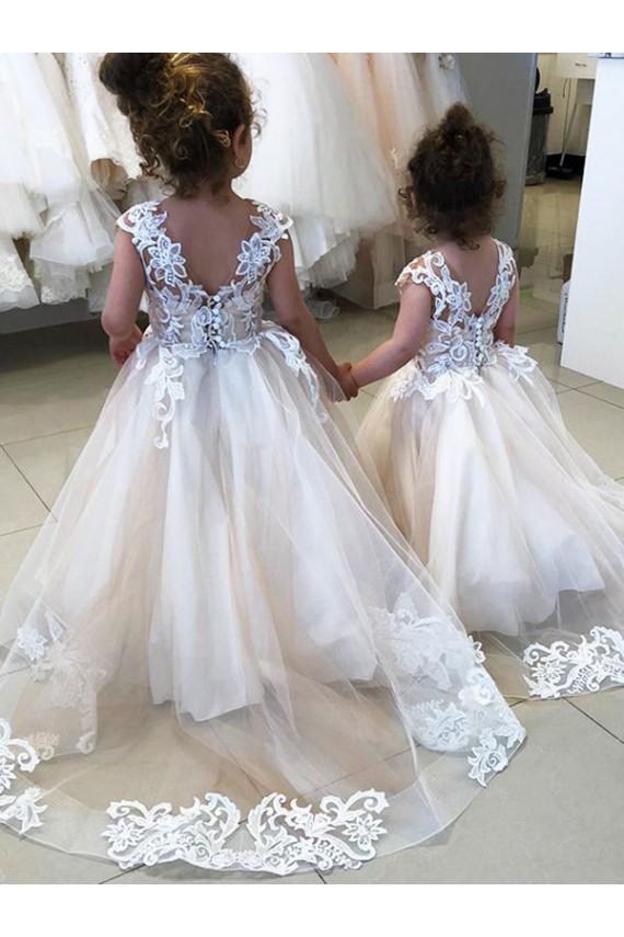 Ivoire Princesse Bateau Tulle Dentelle Longue Robes de demoiselle d'honneur - fillette Pas Cher