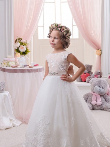 Ivoire Princesse Bateau Tulle Dentelle Longue Robes de demoiselle d'honneur - fillette Pas Cher