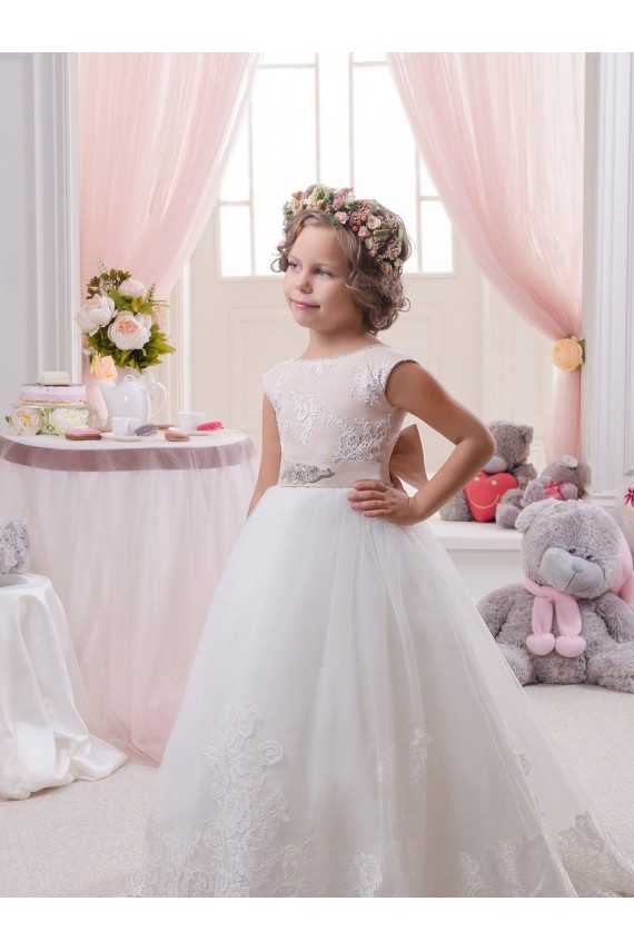 Ivoire Princesse Bateau Tulle Dentelle Longue Robes de demoiselle d'honneur - fillette Pas Cher