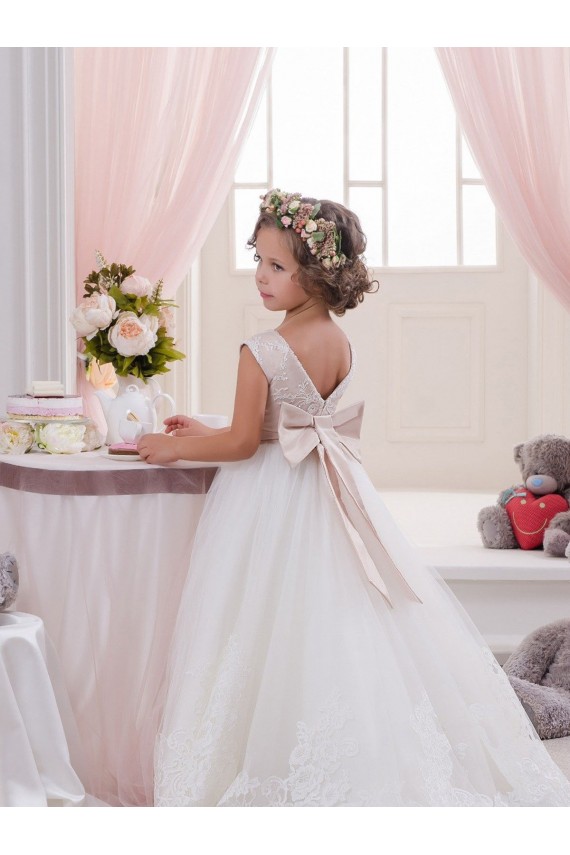 Ivoire Princesse Bateau Tulle Dentelle Longue Robes de demoiselle d'honneur - fillette Pas Cher