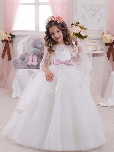 Ivoire Princesse Bateau Tulle Dentelle Longue Robes de demoiselle d'honneur - fillette Pas Cher