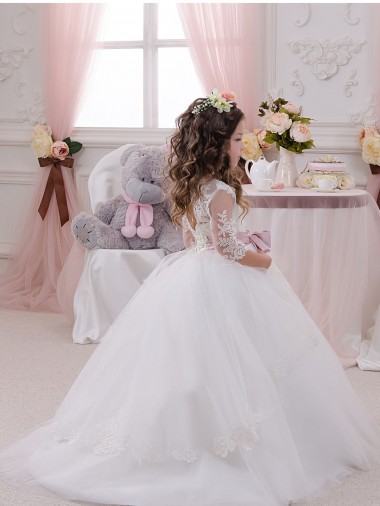 Ivoire Princesse Bateau Tulle Dentelle Longue Robes de demoiselle d'honneur - fillette