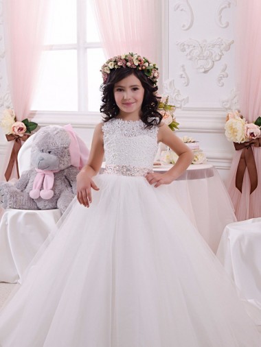 Ivoire Princesse Bateau Tulle Dentelle Longue Robes de demoiselle d'honneur - fillette Pas Cher