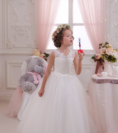 Ivoire Princesse Col Haut Tulle Dentelle Longue Robes de demoiselle d'honneur - fillette Pas Cher