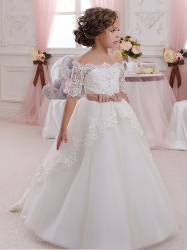 Ivoire Princesse Col Haut Tulle Dentelle Longue Robes de demoiselle d'honneur - fillette Pas Cher