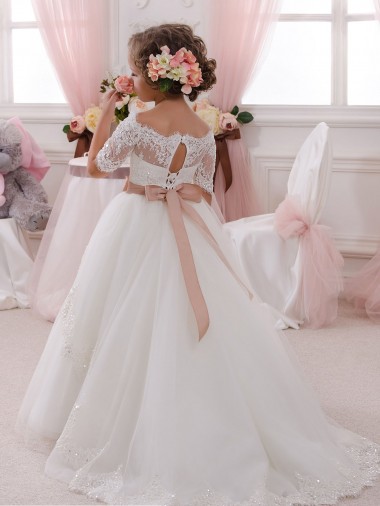 Ivoire Princesse Col Haut Tulle Dentelle Longue Robes de demoiselle d'honneur - fillette