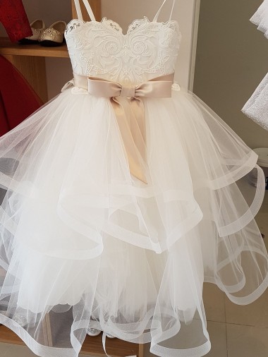 Ivoire Princesse Col Haut Tulle Dentelle Longue Robes de demoiselle d'honneur - fillette