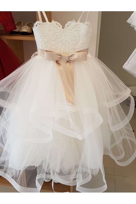 Ivoire Princesse Col Haut Tulle Dentelle Longue Robes de demoiselle d'honneur - fillette