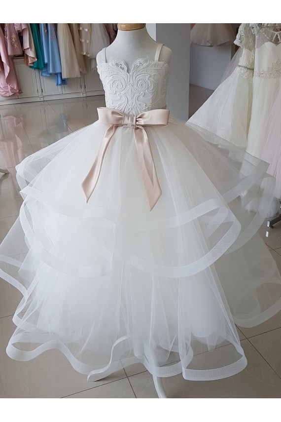 Ivoire Princesse Col Haut Tulle Dentelle Longue Robes de demoiselle d'honneur - fillette
