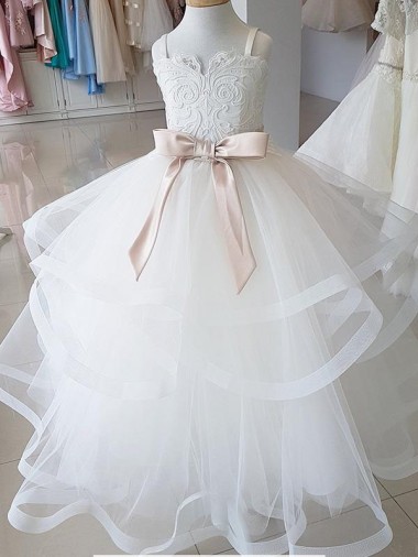 Ivoire Princesse Col Haut Tulle Dentelle Longue Robes de demoiselle d'honneur - fillette Pas Cher