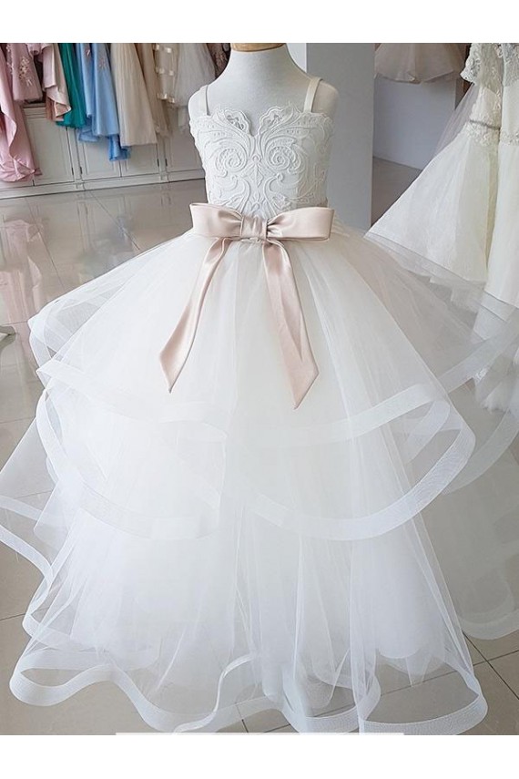 Ivoire Princesse Col Haut Tulle Dentelle Longue Robes de demoiselle d'honneur - fillette