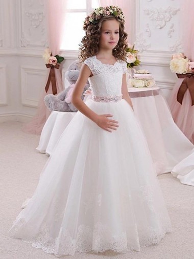 Ivoire Princesse Col Haut Tulle Dentelle Longue Robes de demoiselle d'honneur - fillette Pas Cher