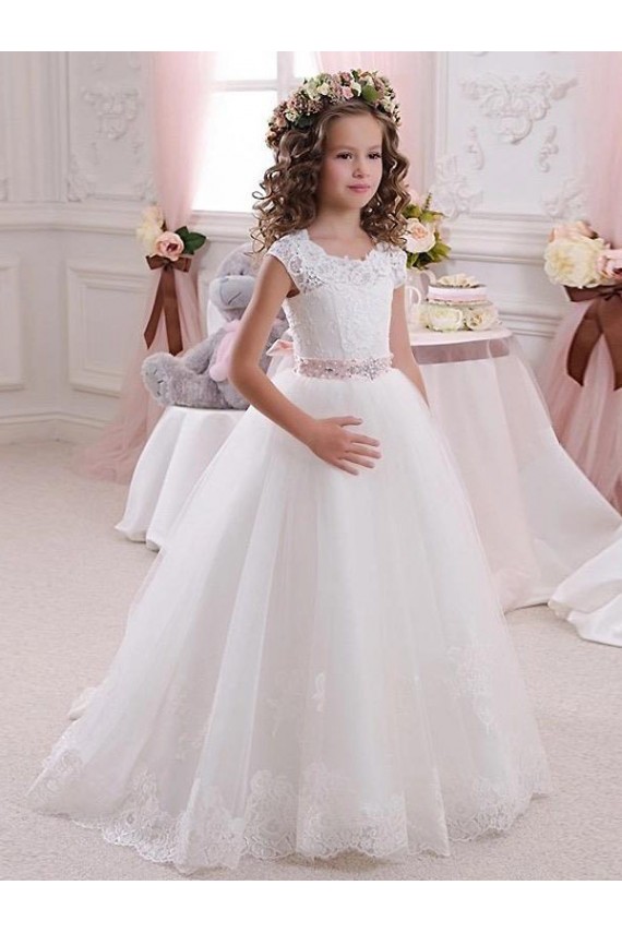 Ivoire Princesse Col Haut Tulle Dentelle Longue Robes de demoiselle d'honneur - fillette