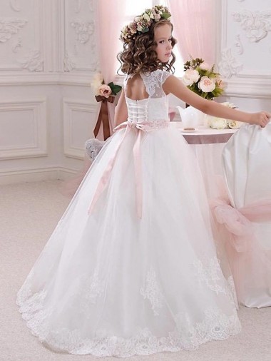 Ivoire Princesse Col Haut Tulle Dentelle Longue Robes de demoiselle d'honneur - fillette