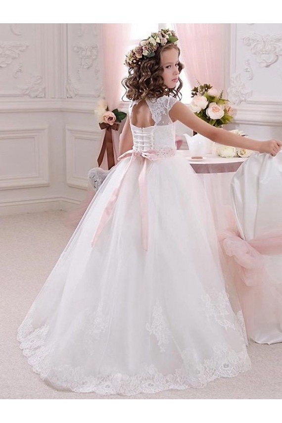 Ivoire Princesse Col Haut Tulle Dentelle Longue Robes de demoiselle d'honneur - fillette