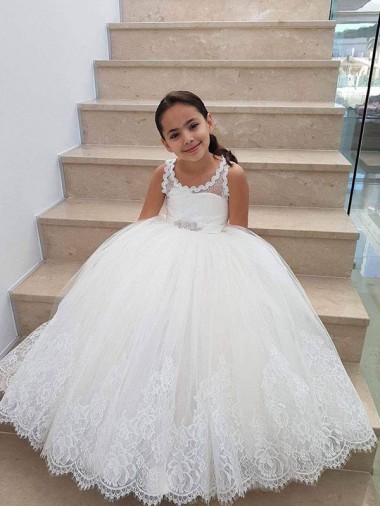 Ivoire Princesse Col Haut Tulle Dentelle Longue Robes de demoiselle d'honneur - fillette Pas Cher