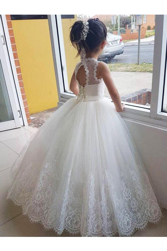 Ivoire Princesse Col Haut Tulle Dentelle Longue Robes de demoiselle d'honneur - fillette