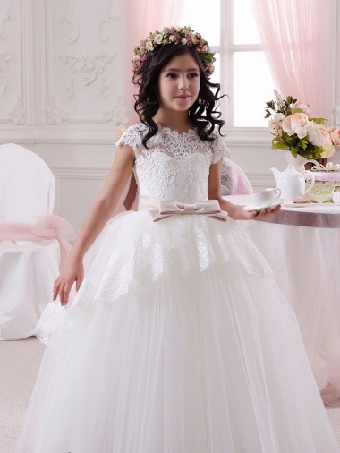 Ivoire Princesse Tulle Dentelle Longue Robes de demoiselle d'honneur - fillette Pas Cher