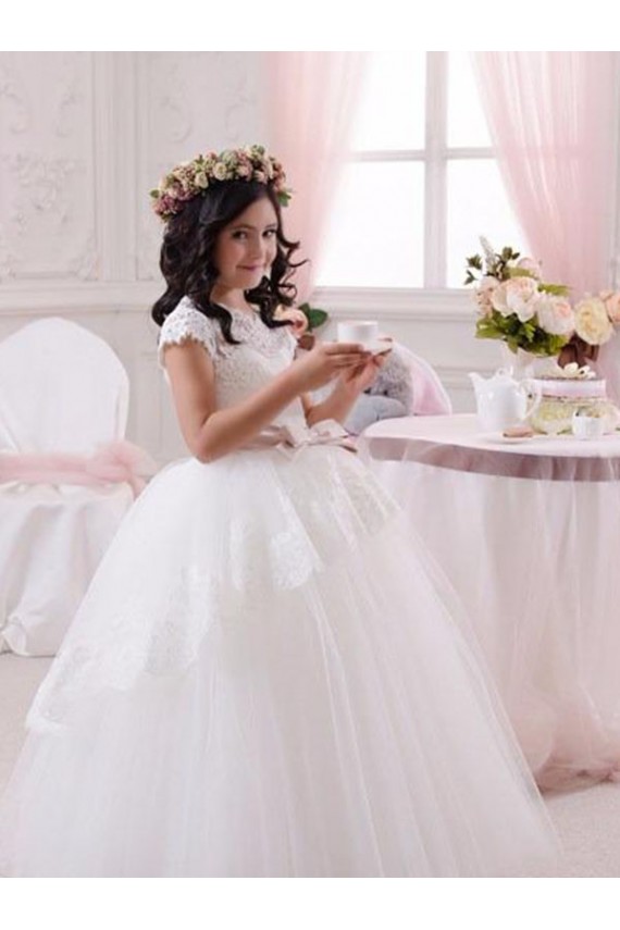 Ivoire Princesse Tulle Dentelle Longue Robes de demoiselle d'honneur - fillette