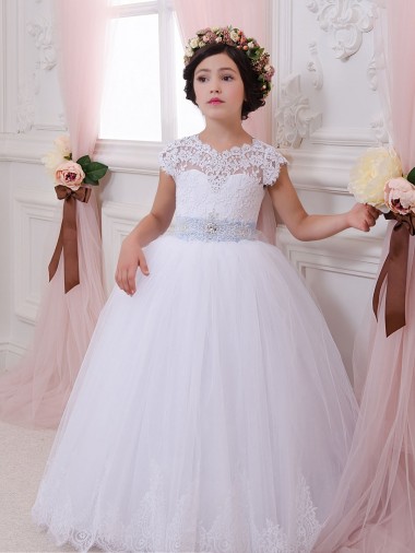 Ivoire Princesse Tulle Dentelle Longue Robes de demoiselle d'honneur - fillette Pas Cher
