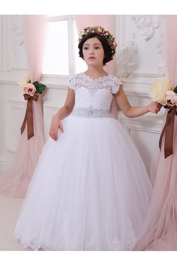 Ivoire Princesse Tulle Dentelle Longue Robes de demoiselle d'honneur - fillette Pas Cher