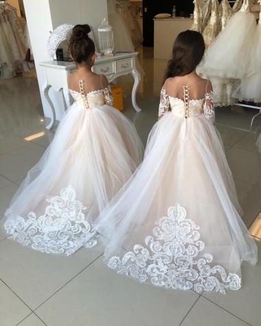 Ivoire Princesse Tulle Dentelle Longue Robes de demoiselle d'honneur - fillette Pas Cher
