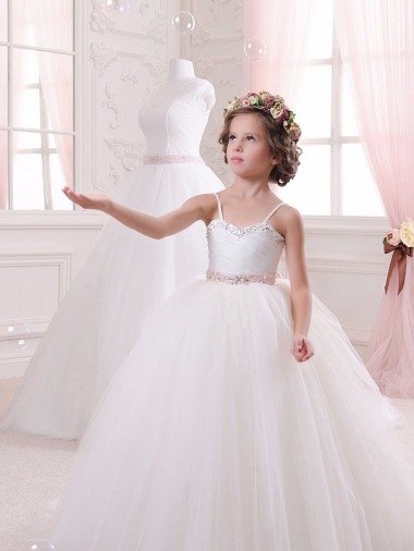 Ivoire Princesse Tulle Longue Robes de demoiselle d'honneur - fillette Pas Cher
