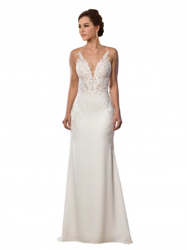 Ivoire Sirène Col V Dentelle Crêpe Stretch Robes de mariée Pas Cher