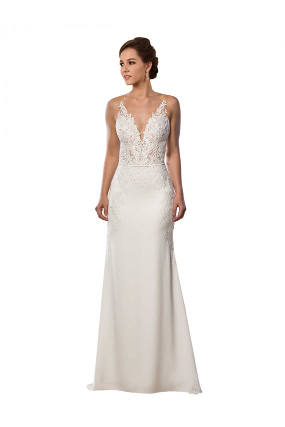 Ivoire Sirène Col V Dentelle Crêpe Stretch Robes de mariée Pas Cher