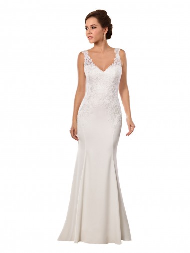 Ivoire Sirène Col V Dentelle Crêpe Stretch Robes de mariée Pas Cher