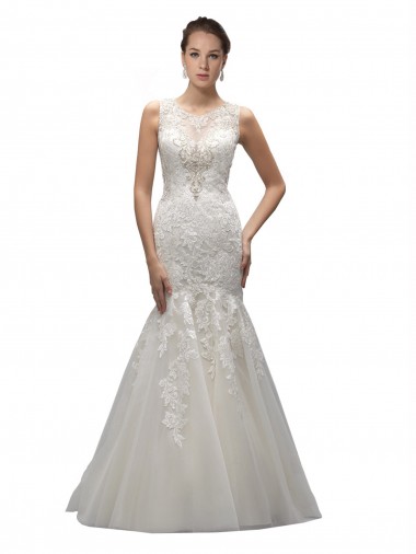 Ivoire Sirène Illusion Balayage train Tulle Dentelle Robes de mariée Pas Cher