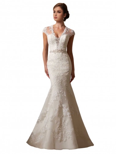 Ivoire Sirène Illusion Col V Tulle Dentelle Robes de mariée Pas Cher