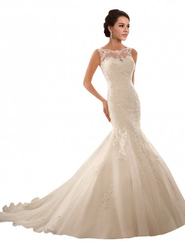 Ivoire Sirène Illusion Tulle Dentelle Robes de mariée Pas Cher
