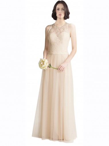 Ivoire Trapèze Bateau Illusion Tulle Dentelle Longue Robes demoiselle d'honneur Pas Cher