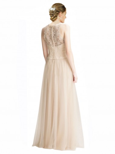 Ivoire Trapèze Bateau Illusion Tulle Dentelle Longue Robes demoiselle d'honneur